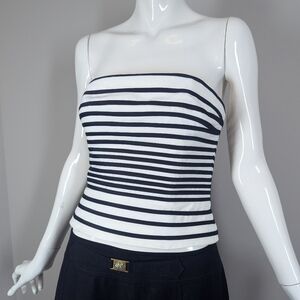 Halston Heritage Black & White Striped Tube Top | Fitted Strapless Back Zip Mini